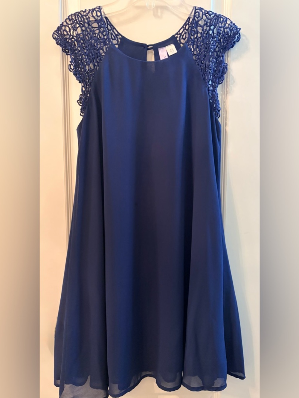 Alya Lined Navy Dress with Crochet Cap Sleeves and Back Keyhole Accent